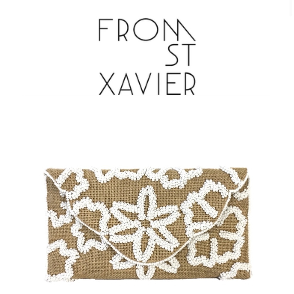 From St Xavier Flower Beaded Raffia Covertible Clutch/Bag
